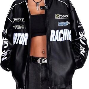 Black Racing Graphic Faux Leather Jacket - Unbranded